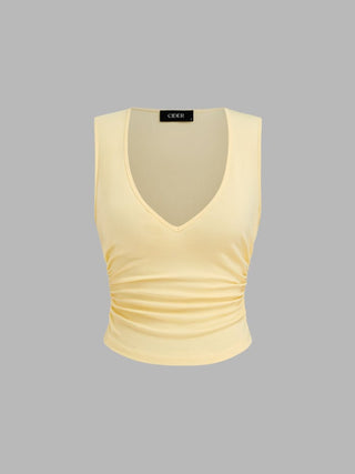 Cotton-blend V-neck Ruched Tank Top