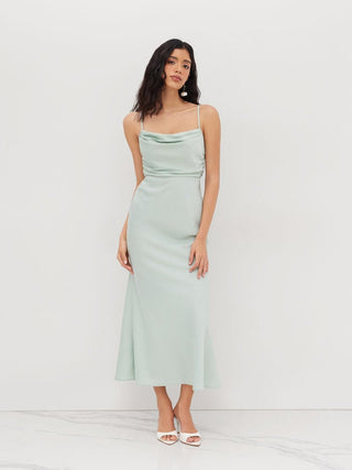 Satin Square Neck Ruched Lace Maxi Dress