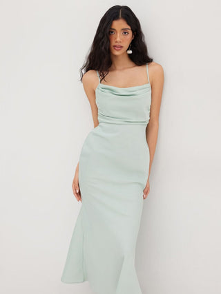 Satin Square Neck Ruched Lace Maxi Dress