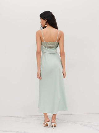 Satin Square Neck Ruched Lace Maxi Dress