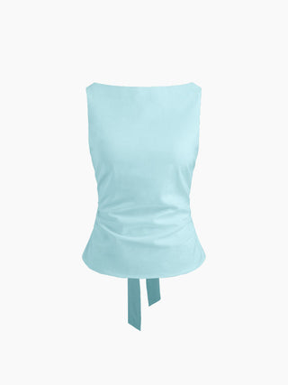 Linen-blend Boat Neckline Solid Bowknot Tank Top