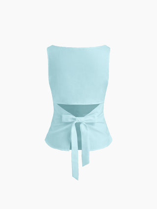 Linen-blend Boat Neckline Solid Bowknot Tank Top