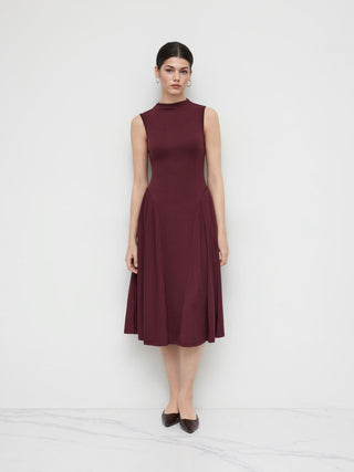 High Neck Solid Pocket Ruffle Midi Dress