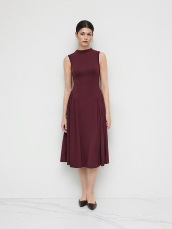 High Neck Solid Pocket Ruffle Midi Dress