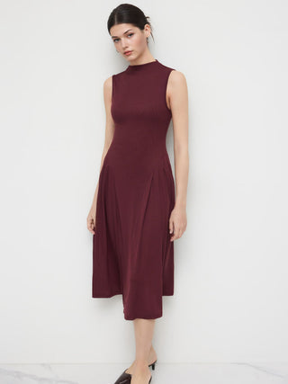 High Neck Solid Pocket Ruffle Midi Dress