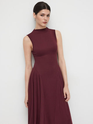High Neck Solid Pocket Ruffle Midi Dress