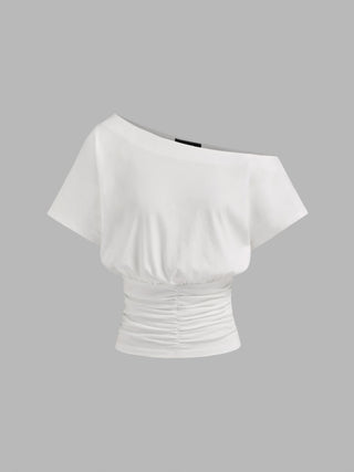 Cotton-blend Asymmetrical Neck Ruched Tee