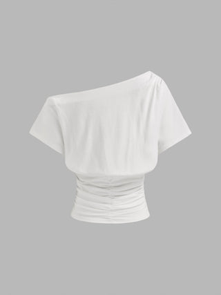 Cotton-blend Asymmetrical Neck Ruched Tee