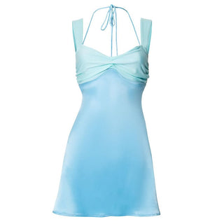 Ruched halter self tie v neck backless mini dress