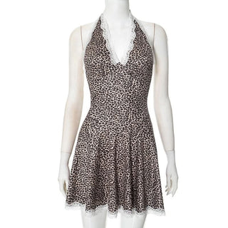 Leopard print lace hem halter v neck mini dress