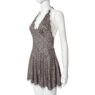 Leopard print lace hem halter v neck mini dress