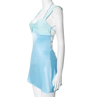 Ruched halter self tie v neck backless mini dress