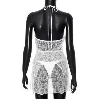 Self tie halter hollow out lace solid mini skirt set