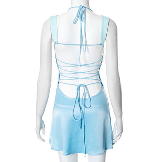 Ruched halter self tie v neck backless mini dress