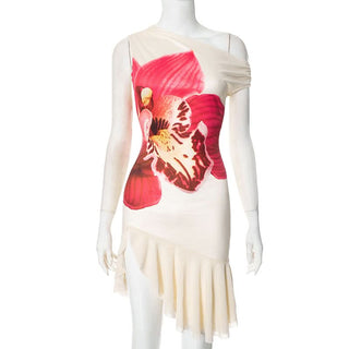 One shoulder irregular flower print mini dress