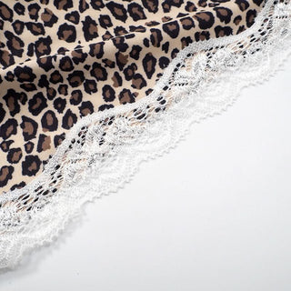 Leopard print lace hem halter v neck mini dress