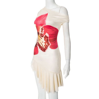 One shoulder irregular flower print mini dress