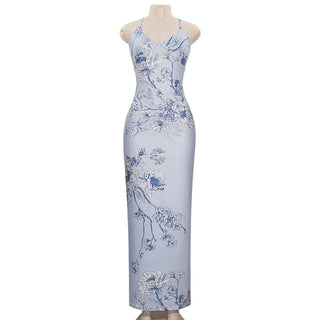 V neck flower print backless cami maxi dress