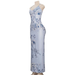 V neck flower print backless cami maxi dress