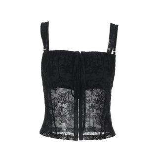 Square neck mesh button print cami top