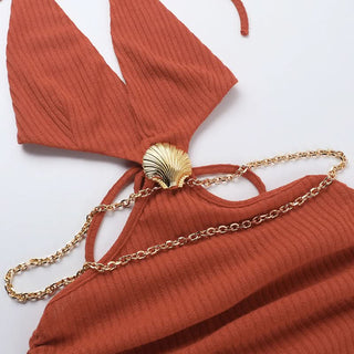 Halter self tie deep V neck metal chain maxi dress