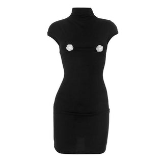 High neck flower applique cap sleeve mini dress