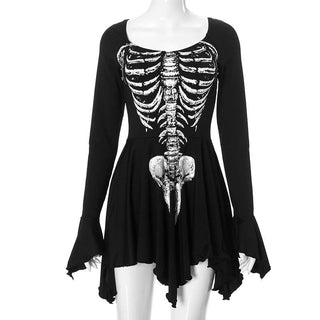 Long sleeve u neck skeleton print mini dress