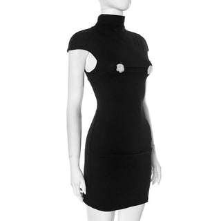 High neck flower applique cap sleeve mini dress