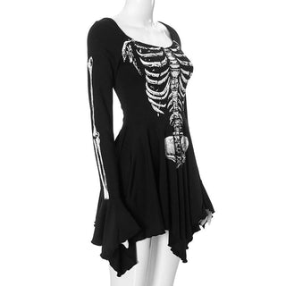 Long sleeve u neck skeleton print mini dress