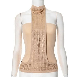 Halter self tie beaded backless solid top