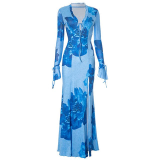 Slit v neck self tie long flared sleeve print maxi dress