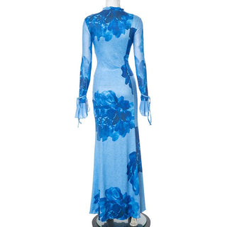 Slit v neck self tie long flared sleeve print maxi dress