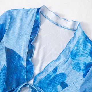 Slit v neck self tie long flared sleeve print maxi dress