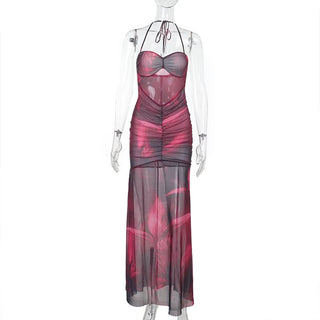 Ruched mesh print halter self tie maxi dress