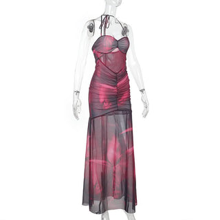 Ruched mesh print halter self tie maxi dress