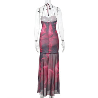 Ruched mesh print halter self tie maxi dress