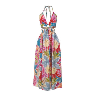 Metal chain hollow out v neck halter print cut out maxi dress