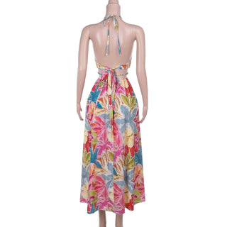 Metal chain hollow out v neck halter print cut out maxi dress