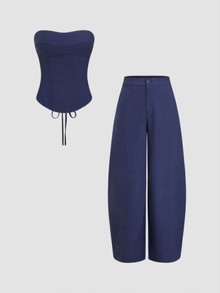 Linen-blend Lace Up Corset Bandeau Top & Mid Rise Barrel-leg Trousers Set