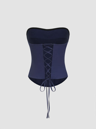 Linen-blend Lace Up Corset Bandeau Top & Mid Rise Barrel-leg Trousers Set
