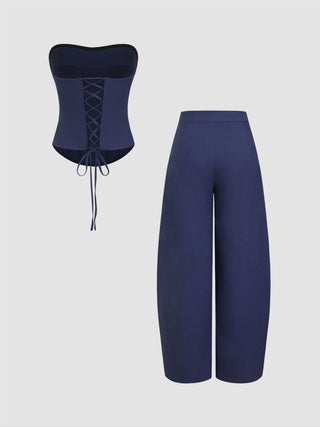 Linen-blend Lace Up Corset Bandeau Top & Mid Rise Barrel-leg Trousers Set