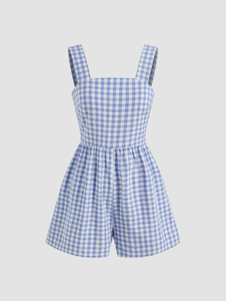 Cotton-blend Square Neck Gingham Bowknot Romper