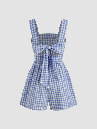Cotton-blend Square Neck Gingham Bowknot Romper