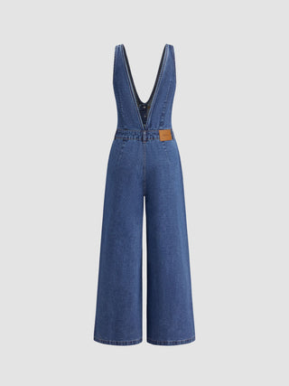 Denim V-neck Button Pocket Wide Leg Jumpsuit