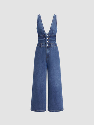 Denim V-neck Button Pocket Wide Leg Jumpsuit