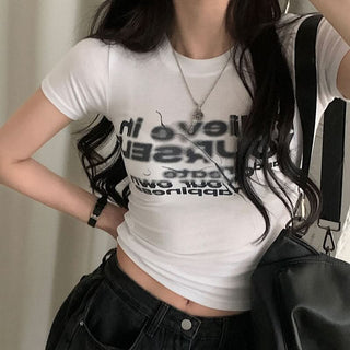 Crewneck short sleeve letter print contrast top