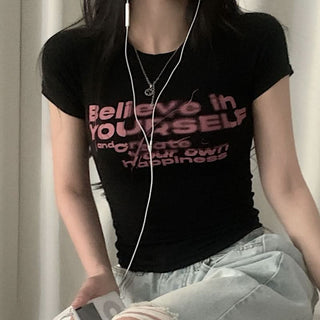 Crewneck short sleeve letter print contrast top