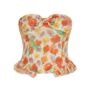 Bowknot ruched glitter flower print tube top