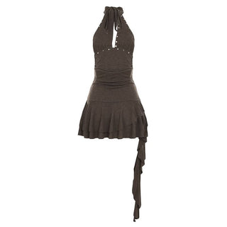 Hollow out ruched halter self tie cut out mini dress