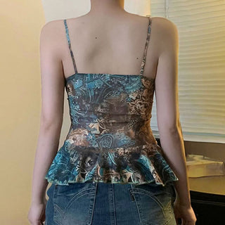 Ruffle v neck print beaded mesh cami top